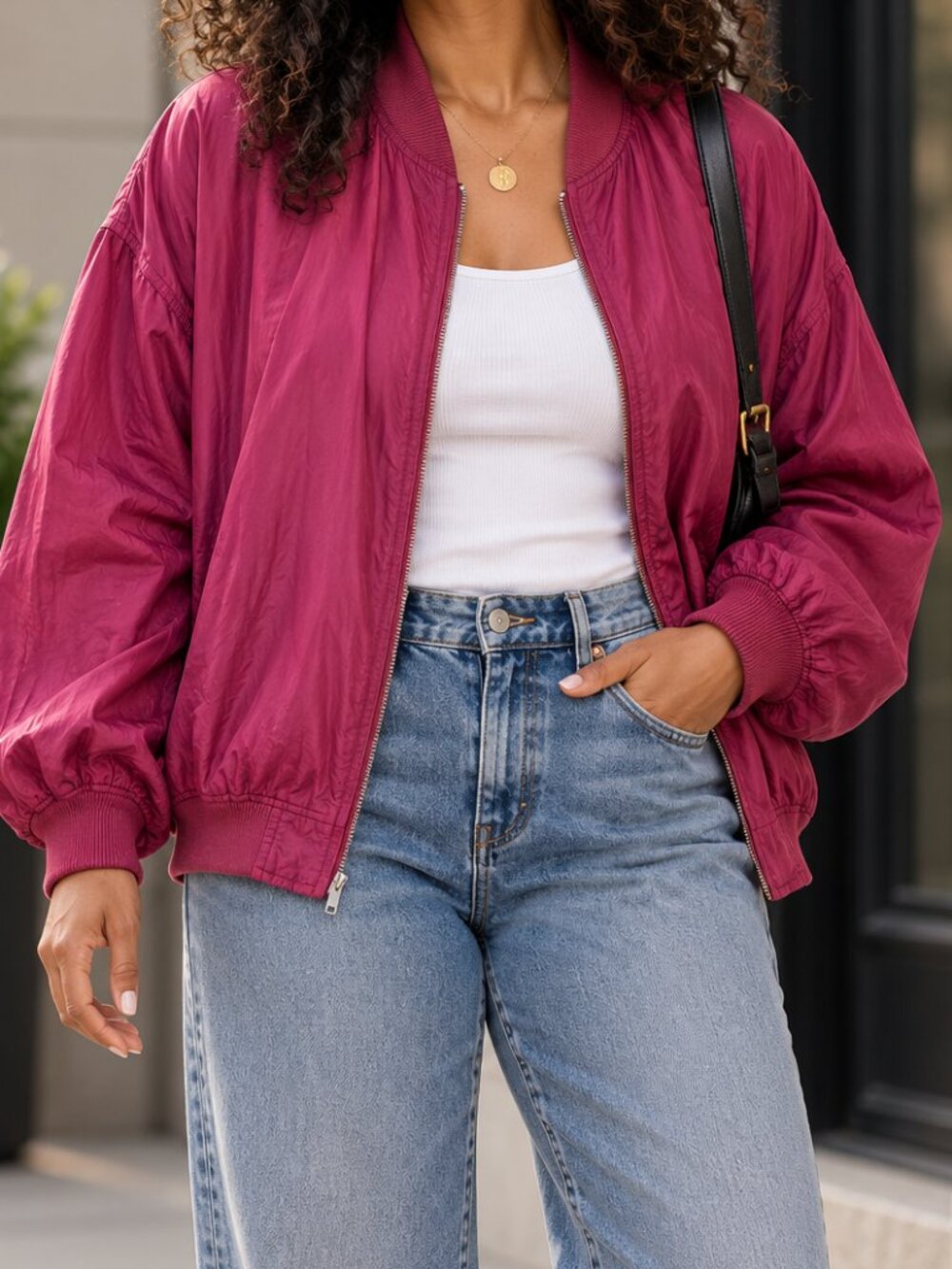 Vintage 80s Silk Bomber Jacket Burgundy XL